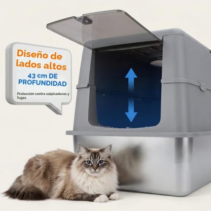 Arenero para Gatos de Acero Inoxidable | Cerrado con Tapa Plegable, Doble Entrada y Fácil Limpieza