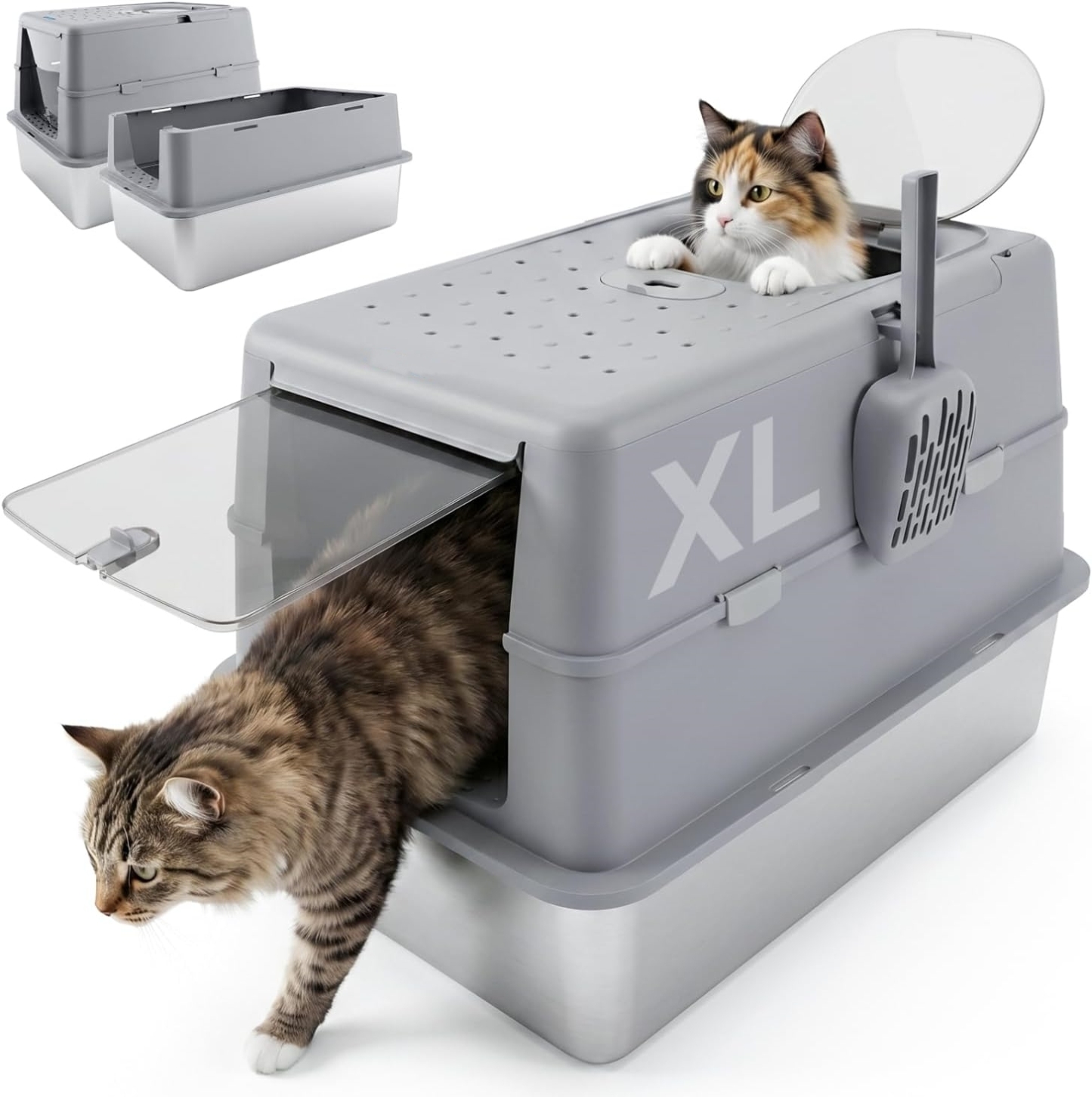 Arenero para Gatos de Acero Inoxidable | Cerrado con Tapa Plegable, Doble Entrada y Fácil Limpieza