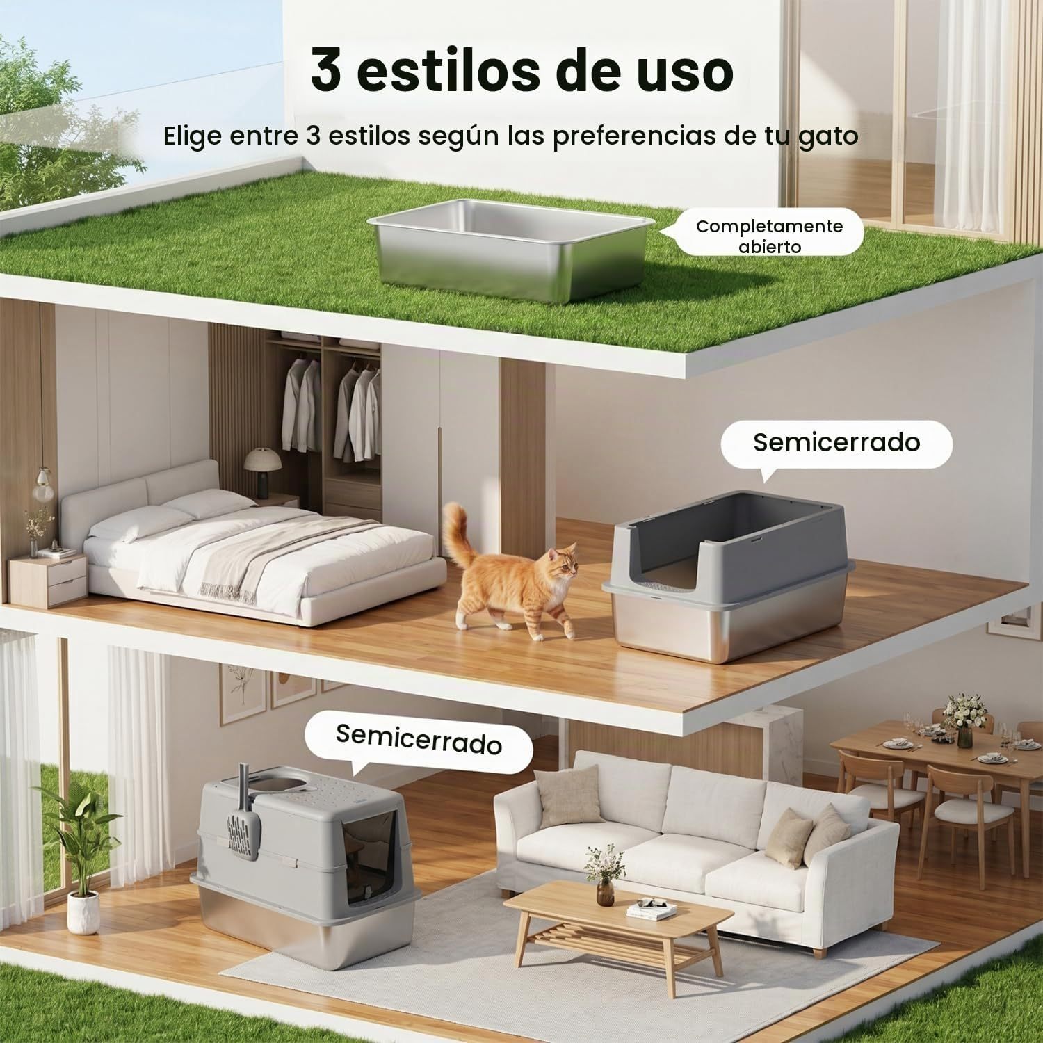 Arenero para Gatos de Acero Inoxidable | Cerrado con Tapa Plegable, Doble Entrada y Fácil Limpieza
