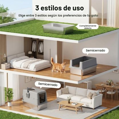Arenero para Gatos de Acero Inoxidable | Cerrado con Tapa Plegable, Doble Entrada y Fácil Limpieza