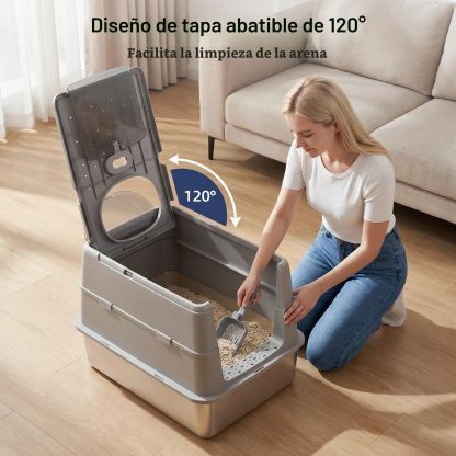 Arenero para Gatos de Acero Inoxidable | Cerrado con Tapa Plegable, Doble Entrada y Fácil Limpieza