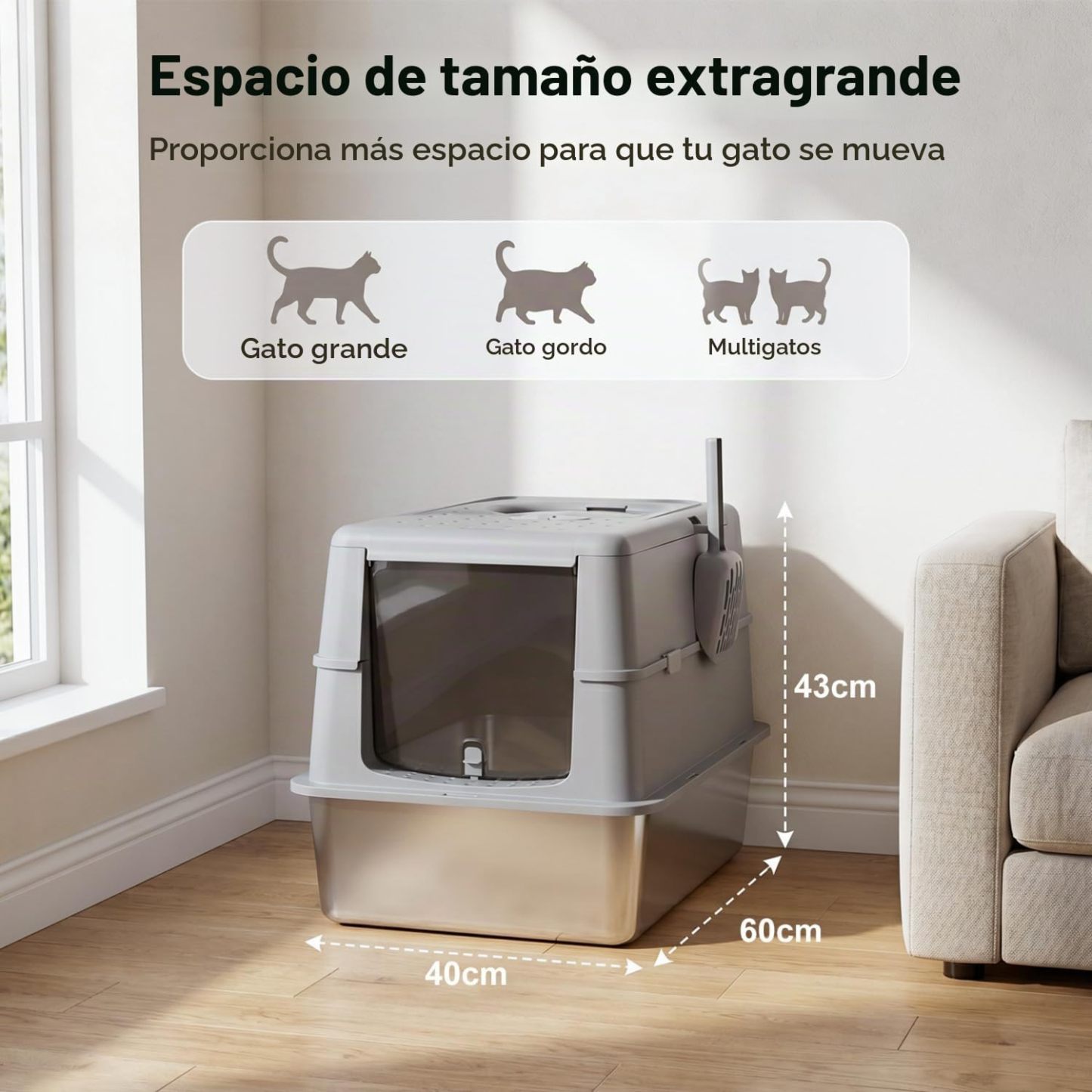 Arenero para Gatos de Acero Inoxidable | Cerrado con Tapa Plegable, Doble Entrada y Fácil Limpieza