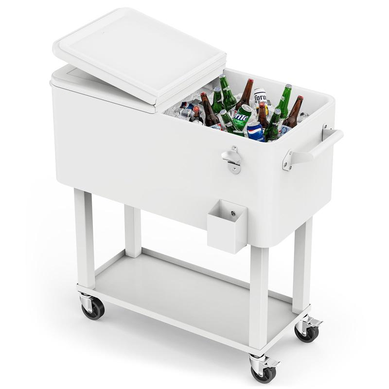 Carrito nevera con ruedas de 80 Qt, nevera portátil para jardín y fiestas, con estante, abrebotellas integrado y sistema de drenaje, ideal para bebidas y eventos