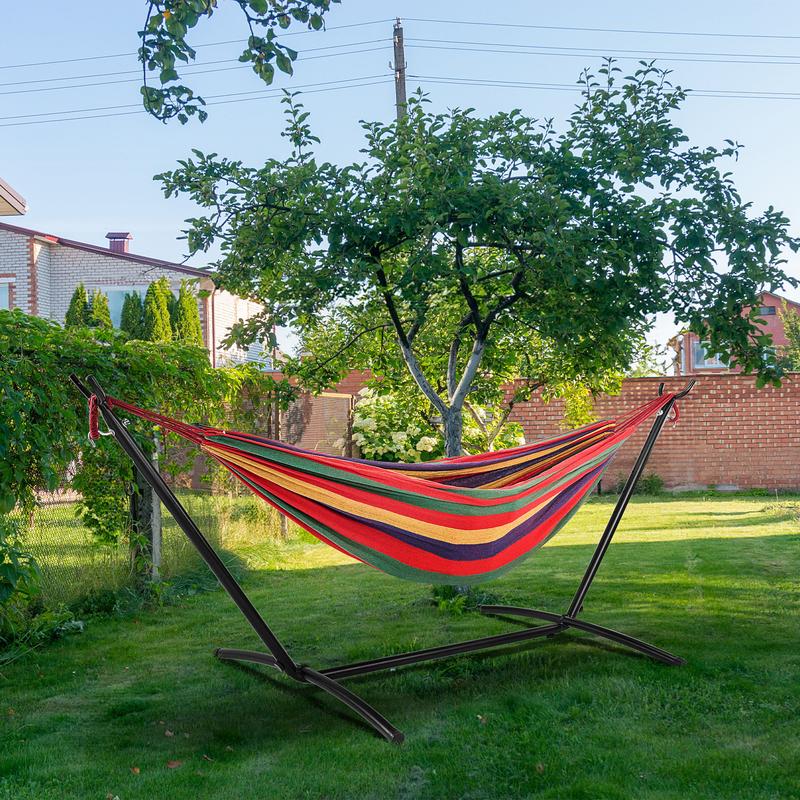 Hamaca con Soporte de Acero, Capacidad 204 kg (450 lbs), Montaje Rápido sin Herramientas, Ligera y Portátil, Tela Transpirable y Cómoda, Ideal para Jardín, Playa y Viajes