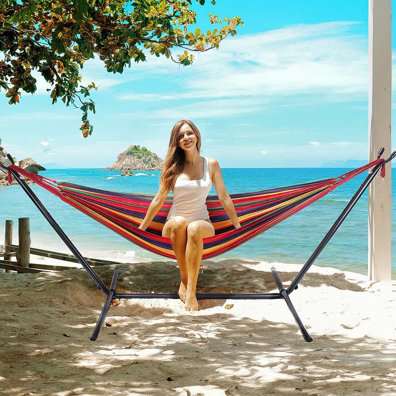 Hamaca con Soporte de Acero, Capacidad 204 kg (450 lbs), Montaje Rápido sin Herramientas, Ligera y Portátil, Tela Transpirable y Cómoda, Ideal para Jardín, Playa y Viajes