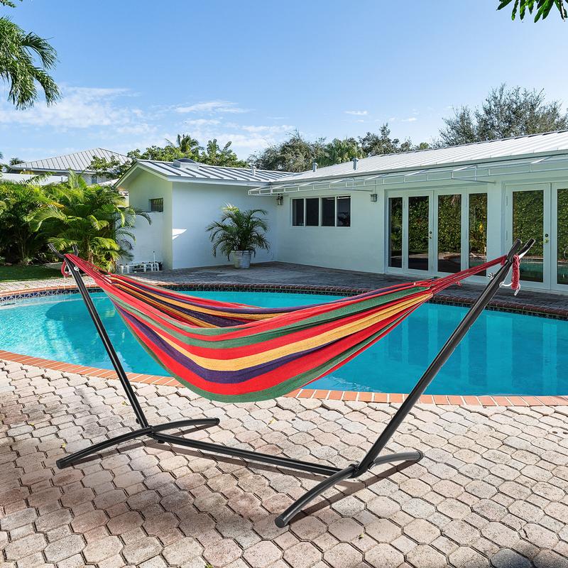 Hamaca con Soporte de Acero, Capacidad 204 kg (450 lbs), Montaje Rápido sin Herramientas, Ligera y Portátil, Tela Transpirable y Cómoda, Ideal para Jardín, Playa y Viajes