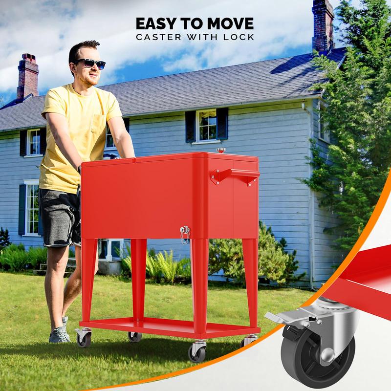 Carrito Enfriador con Ruedas VINGLI 80 Qt, Hielera Portátil para Patio y Fiestas, Mesa Bar Rodante con Estante, Abrebotellas Integrado y Drenaje, Ideal para Bebidas y Eventos
