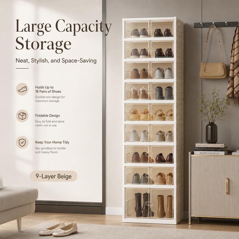 Zapatero Plegable de 9 Niveles con Puertas Transparentes Magnéticas | Gran Capacidad y Diseño Apilable