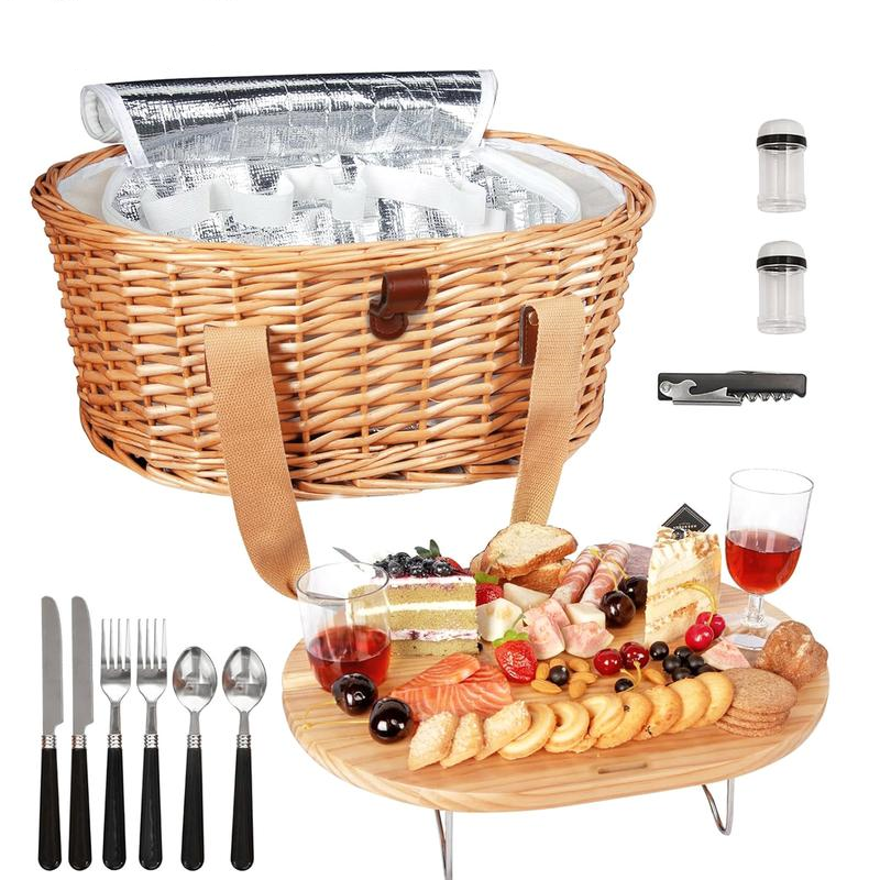 Cesta de Picnic de Mimbre para 2 o 4 Personas | Mesa Plegable para Vino, Vajilla Completa y Bolsa Térmica
