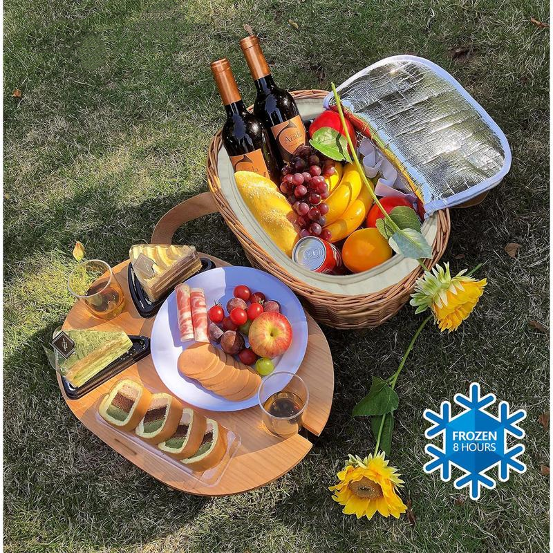 Cesta de Picnic de Mimbre para 2 o 4 Personas | Mesa Plegable para Vino, Vajilla Completa y Bolsa Térmica