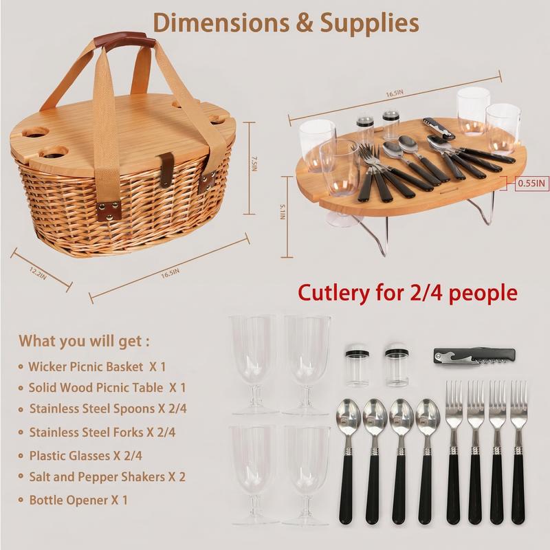 Cesta de Picnic de Mimbre para 2 o 4 Personas | Mesa Plegable para Vino, Vajilla Completa y Bolsa Térmica