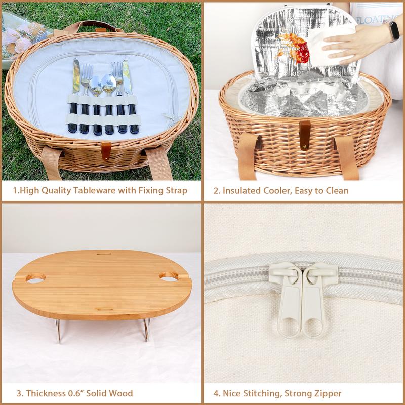 Cesta de Picnic de Mimbre para 2 o 4 Personas | Mesa Plegable para Vino, Vajilla Completa y Bolsa Térmica