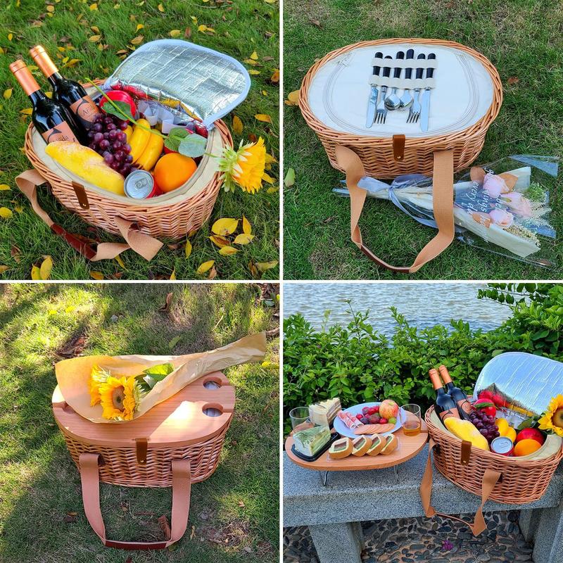 Cesta de Picnic de Mimbre para 2 o 4 Personas | Mesa Plegable para Vino, Vajilla Completa y Bolsa Térmica