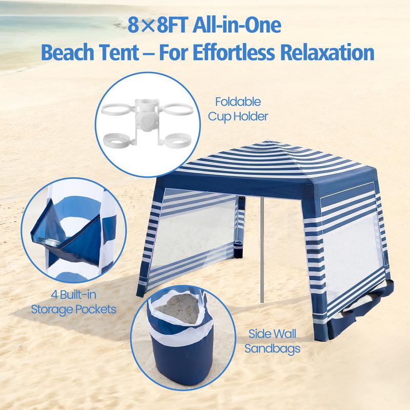 Carpa de Playa 8 x 8 FT con Protección Solar UPF50+ | Fácil de Montar, Resistente al Viento y Plegable