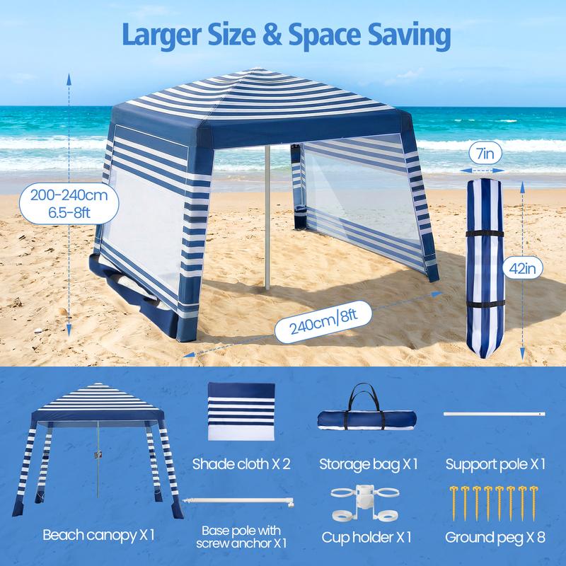 Carpa de Playa 8 x 8 FT con Protección Solar UPF50+ | Fácil de Montar, Resistente al Viento y Plegable