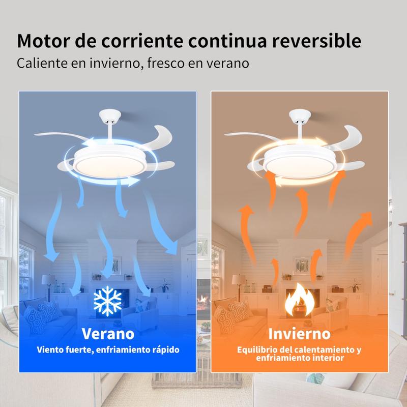 Ventilador de Techo con Luz LED y Mando a Distancia | Motor DC Silencioso, Aspas Retráctiles, 6 Velocidades y Temporizador