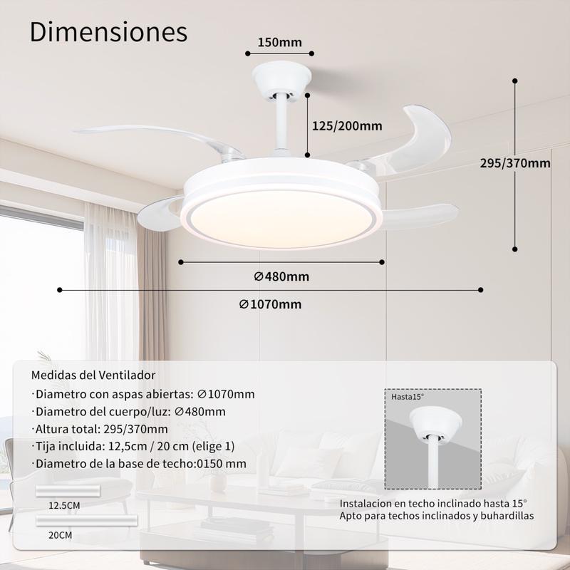 Ventilador de Techo con Luz LED y Mando a Distancia | Motor DC Silencioso, Aspas Retráctiles, 6 Velocidades y Temporizador