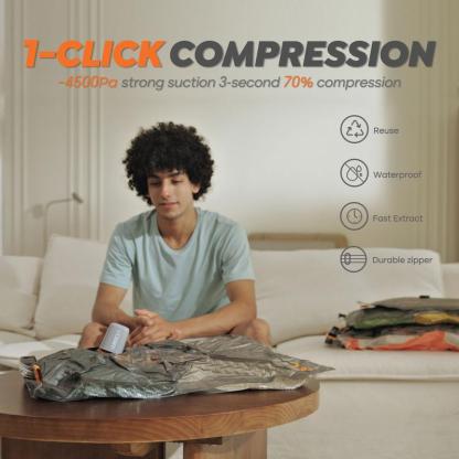 Bolsa de Compresión al Vacío Recargable e Inalámbrica | 5 KPa de Succión, Diseño Semitransparente y Portátil