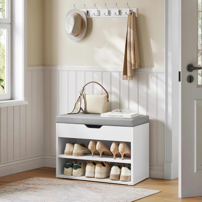 Banco Zapatero con Asiento Acolchado | Mueble para Entrada con 3 Compartimentos, Diseño Rústico