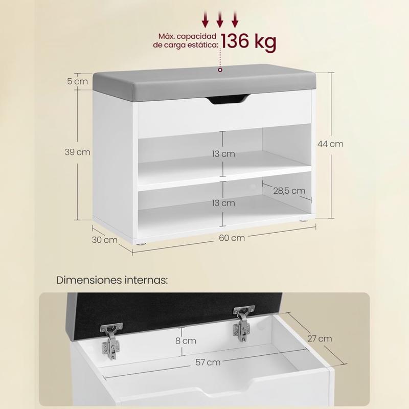 Banco Zapatero con Asiento Acolchado | Mueble para Entrada con 3 Compartimentos, Diseño Rústico