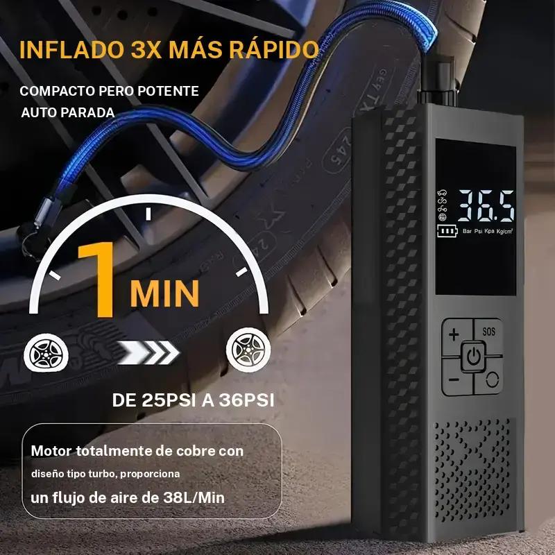 Inflador Portátil 150 PSI con Manómetro Digital | Inalámbrico, Batería Recargable y Luz LED