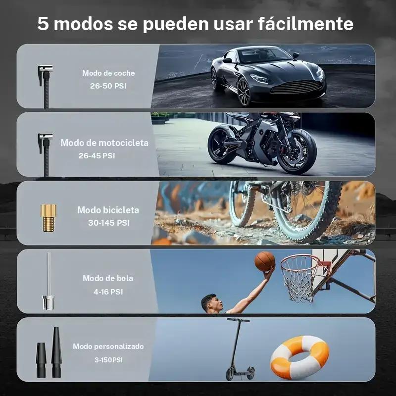 Inflador Portátil 150 PSI con Manómetro Digital | Inalámbrico, Batería Recargable y Luz LED