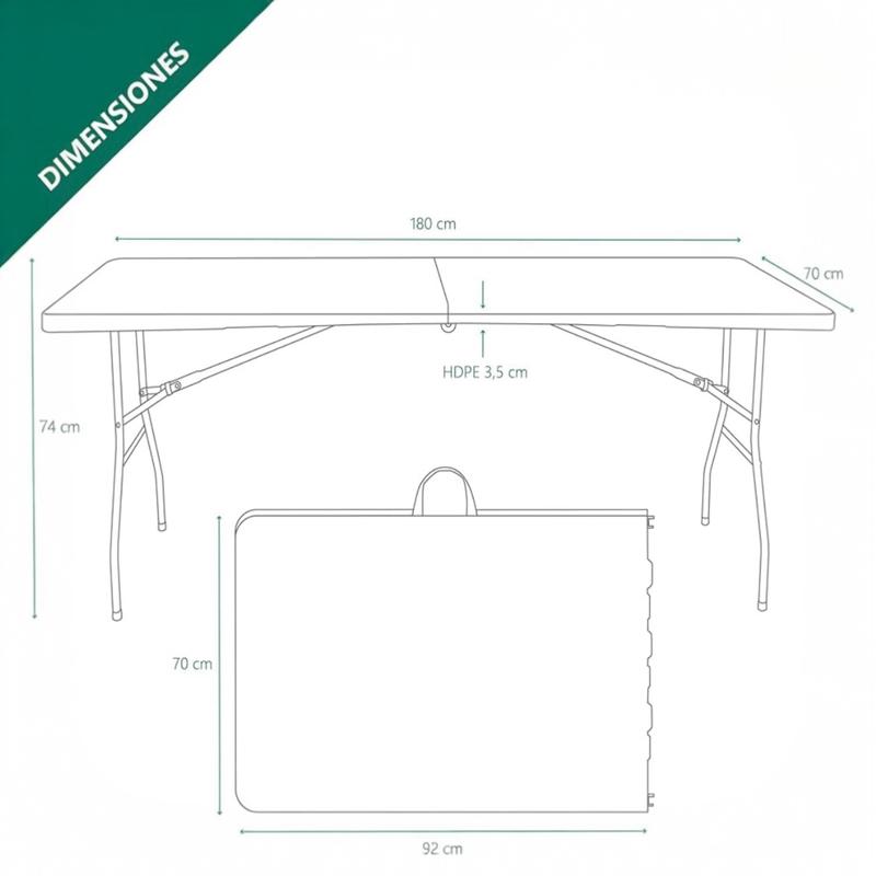 Mesa Plegable de 180 cm | Resina HDPE Resistente, Hasta 8 Personas, Interior y Exterior
