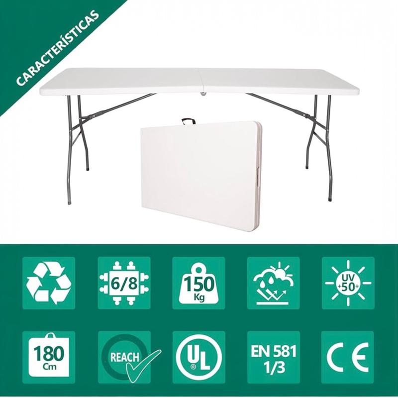 Mesa Plegable de 180 cm | Resina HDPE Resistente, Hasta 8 Personas, Interior y Exterior