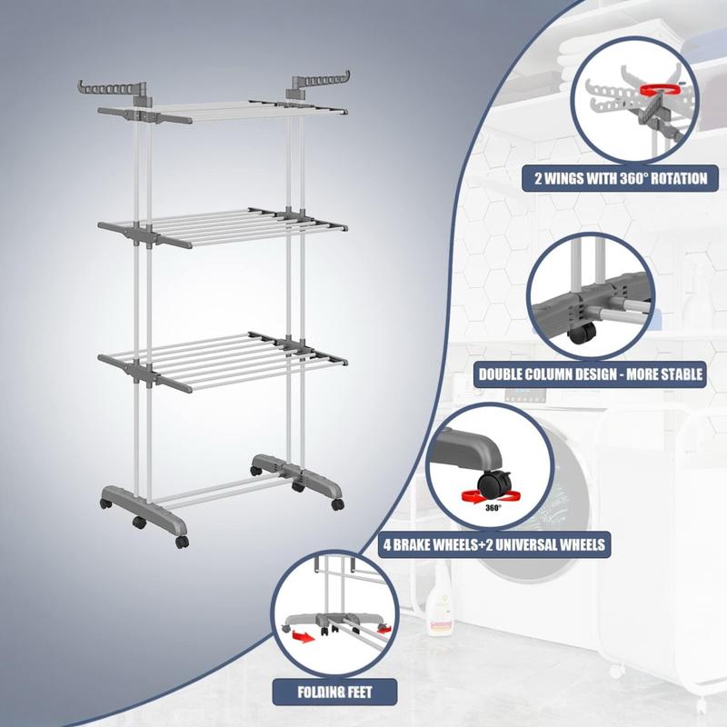 Tendedero de Ropa Plegable de 4 Niveles | Acero Inoxidable, con Ruedas y Gran Capacidad de Secado