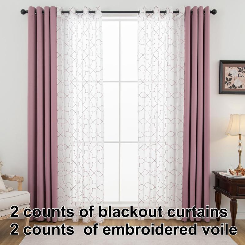 Juego de 4 Cortinas Bordadas Opacas | Diseño Moderno para Salón, Dormitorio y Comedor