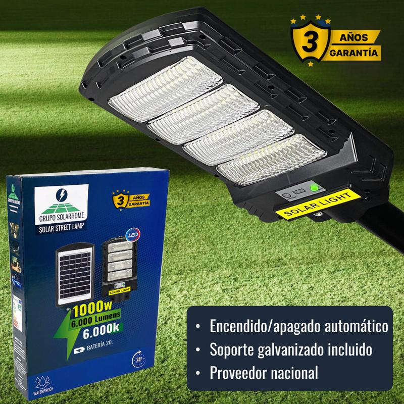 Lámpara Solar LED 1000W con Mando a Distancia | Soporte Galvanizado Incluido y 3 Años de Garantía