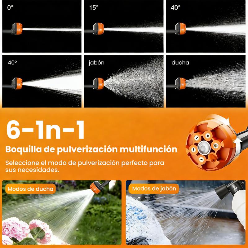 Hidrolimpiadora Inalámbrica 580 PSI | 2 Baterías de 7500 mAh, Boquilla 6 en 1 y Manguera de 6 m