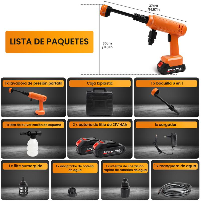 Hidrolimpiadora Inalámbrica 580 PSI | 2 Baterías de 7500 mAh, Boquilla 6 en 1 y Manguera de 6 m