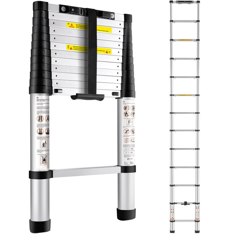 Escalera Telescópica de Aluminio | Plegable, Retracción con Un Botón y Pies Antideslizantes