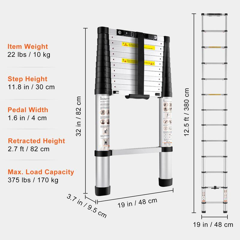 Escalera Telescópica de Aluminio | Plegable, Retracción con Un Botón y Pies Antideslizantes