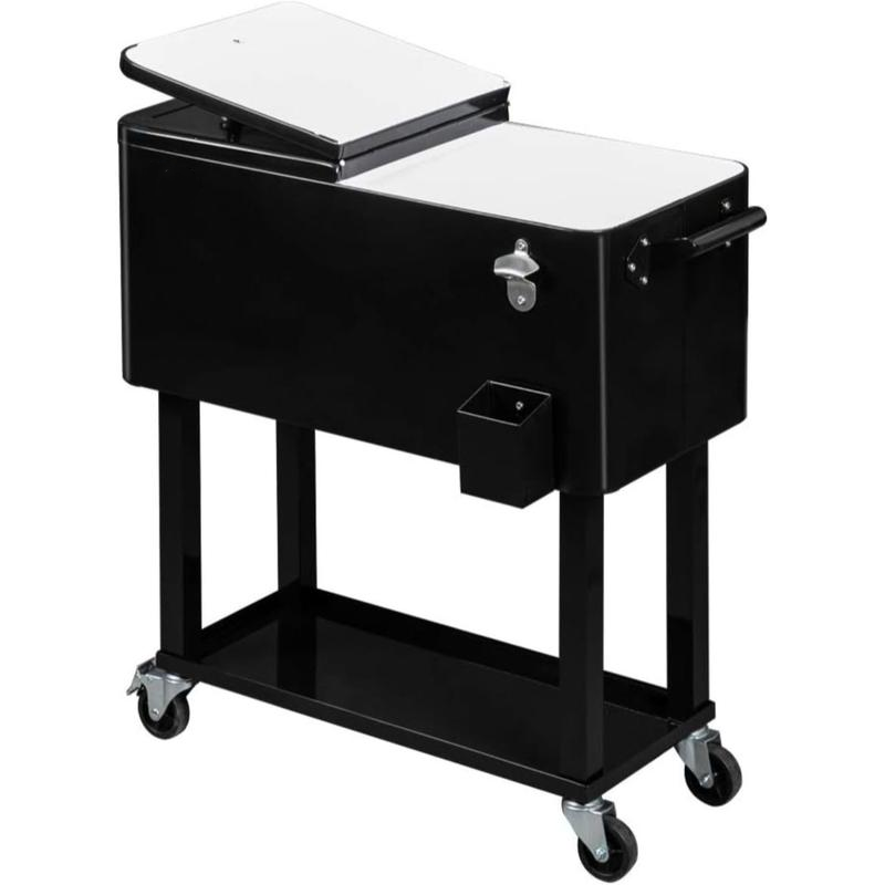 Carrito nevera con ruedas de 80 Qt, nevera portátil para jardín y fiestas, con estante, abrebotellas integrado y sistema de drenaje, ideal para bebidas y eventos