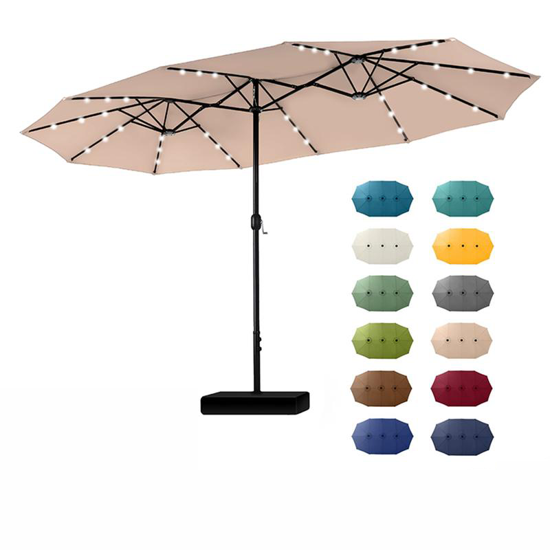 Sombrilla Doble para Patio PHI VILLA de 4.6 m (15 ft) – Extra Grande con 3 Paneles Solares y Luces LED, Incluye Base Metálica, Protección UV, Estructura de Acero y Sistema de Manivela