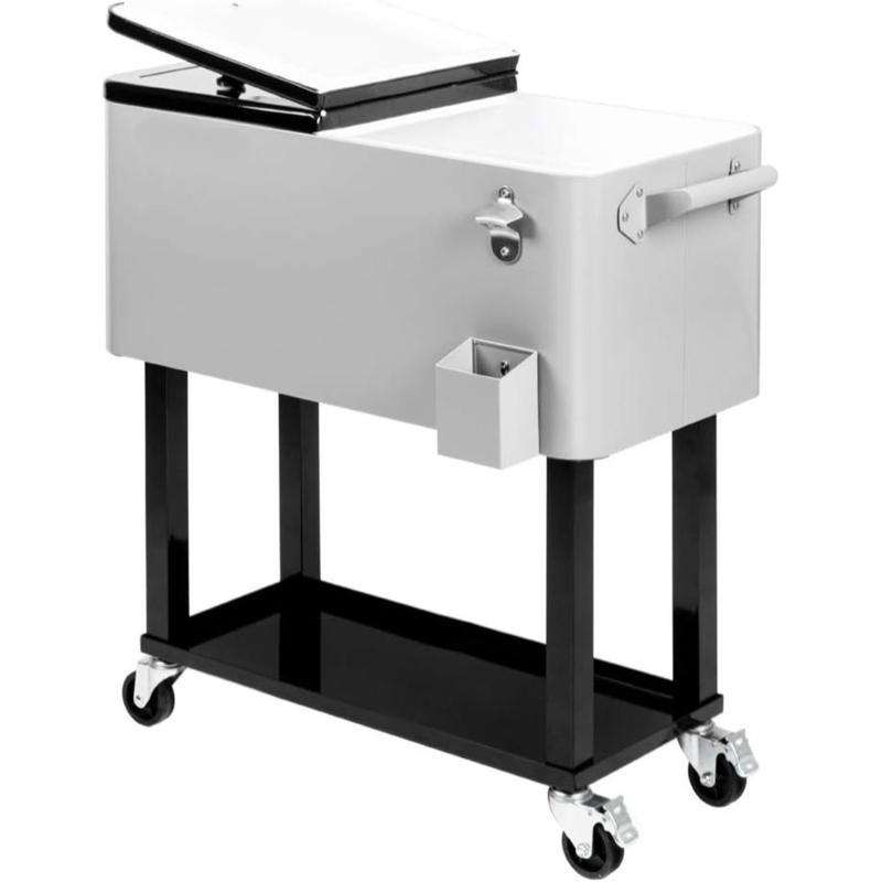 Carrito nevera con ruedas de 80 Qt, nevera portátil para jardín y fiestas, con estante, abrebotellas integrado y sistema de drenaje, ideal para bebidas y eventos