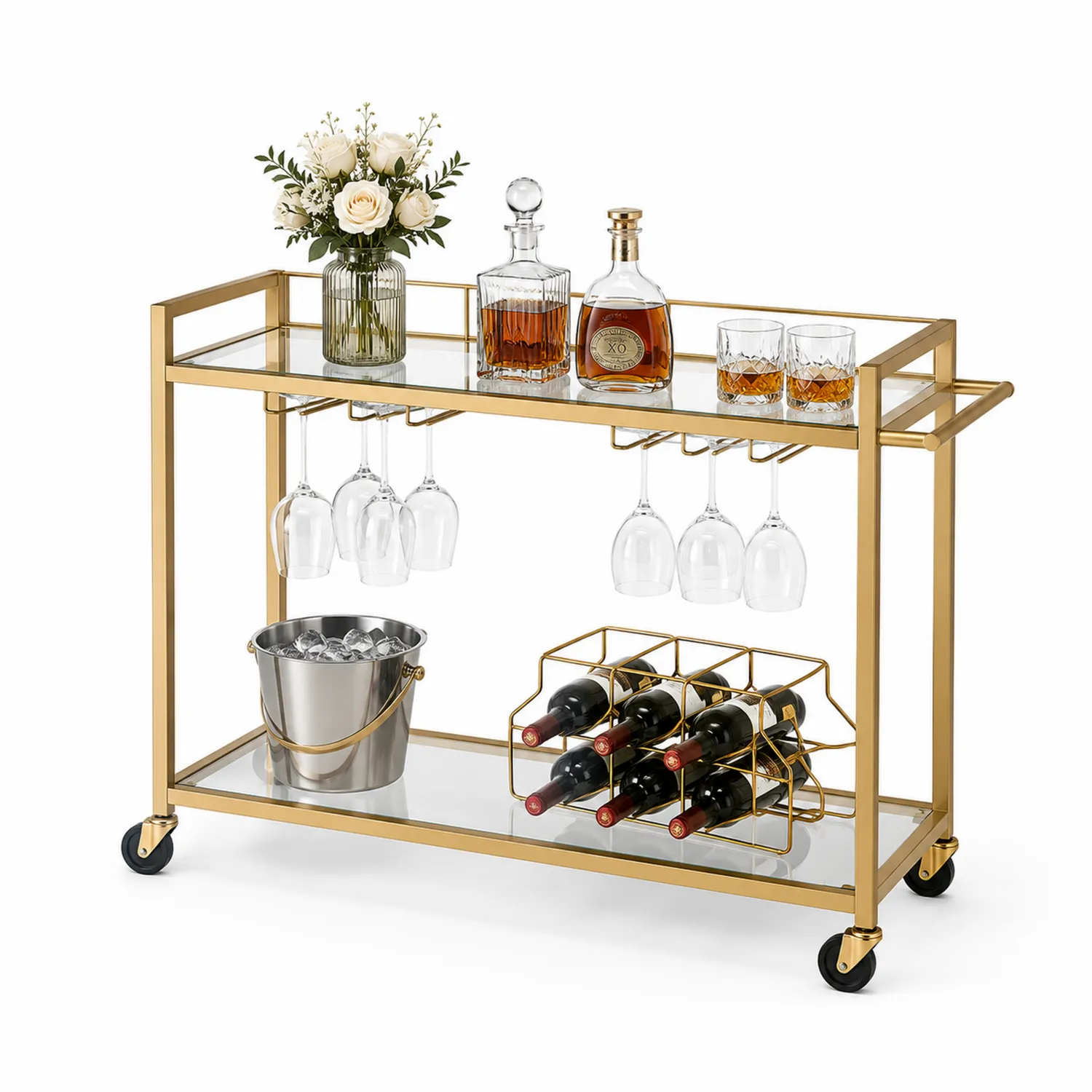 Barwagen aus gehärtetem Glas und Metall, Gold, 80x40x85 cm