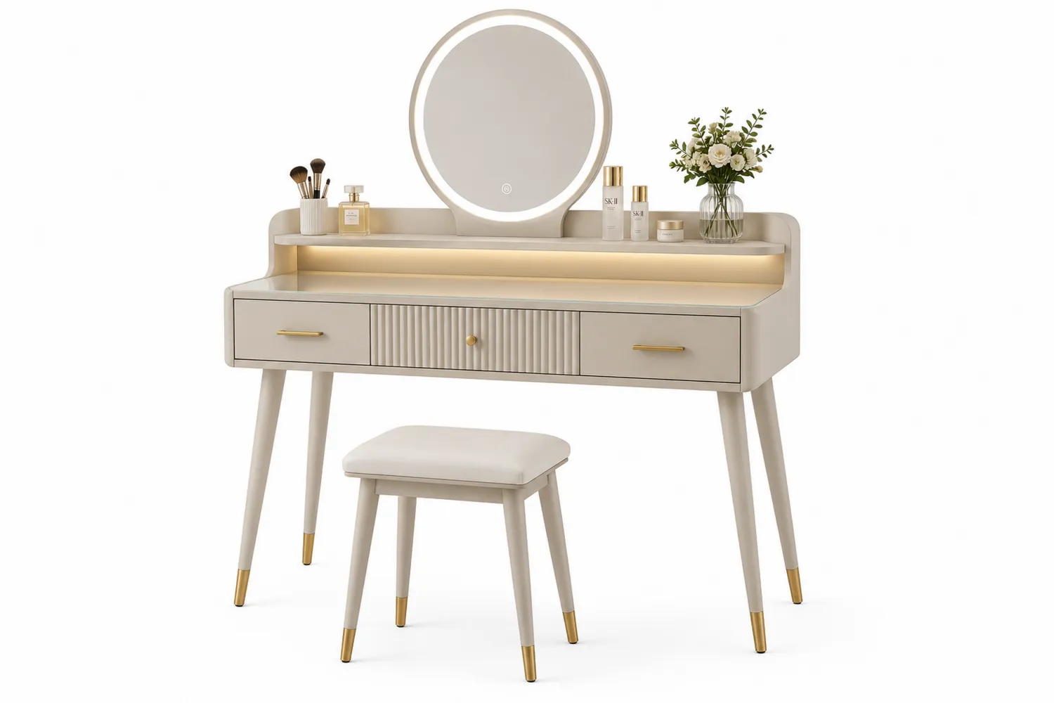 Schminktisch Set mit Spiegel LED Holz/Metall