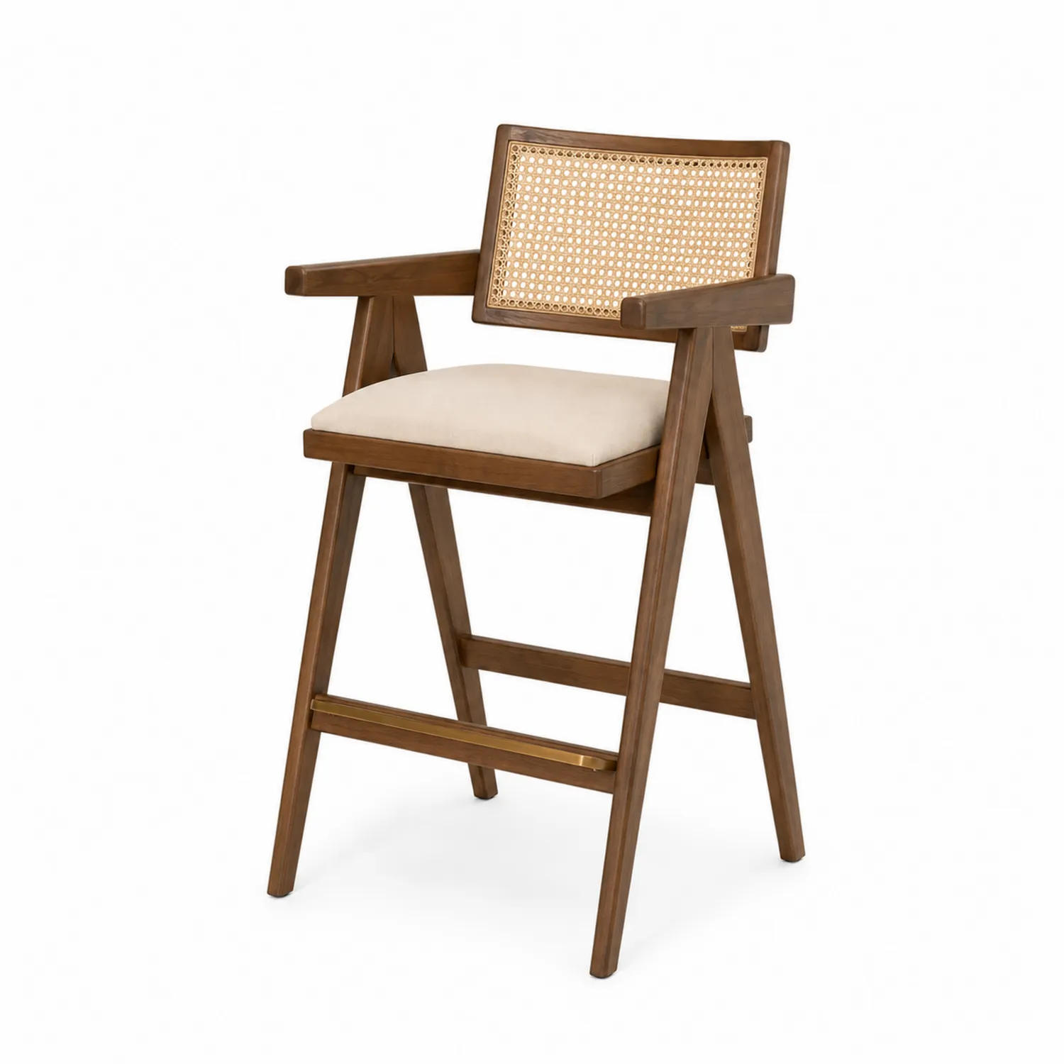 Holz-Barhocker mit Wiener Geflecht und beigem Sitz 95cm