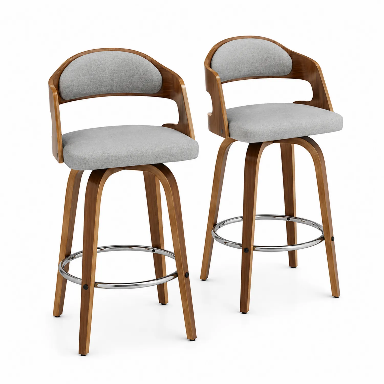 2er Set Drehbare Barhocker aus Holz und Stoff, Grau