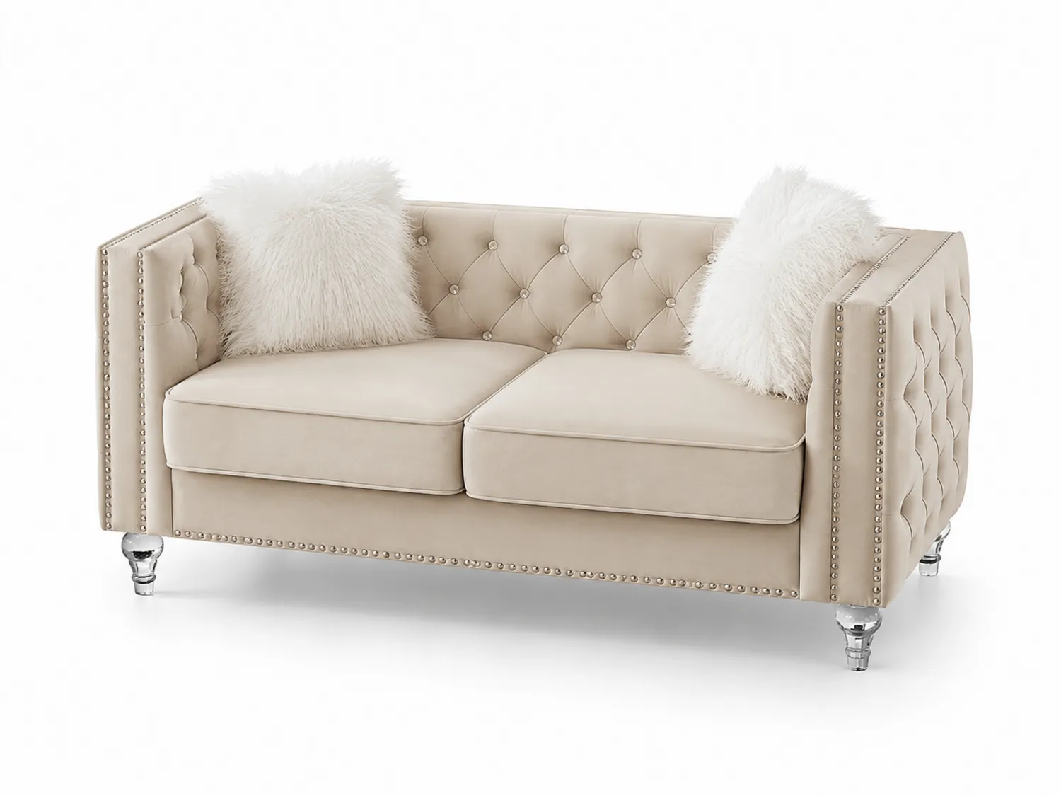 Beige Samt-Zweisitzer-Sofa mit Kissen