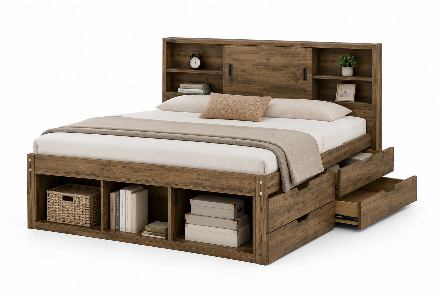 Holzbett mit Stauraum und Regalen, Braun, 200x160 cm
