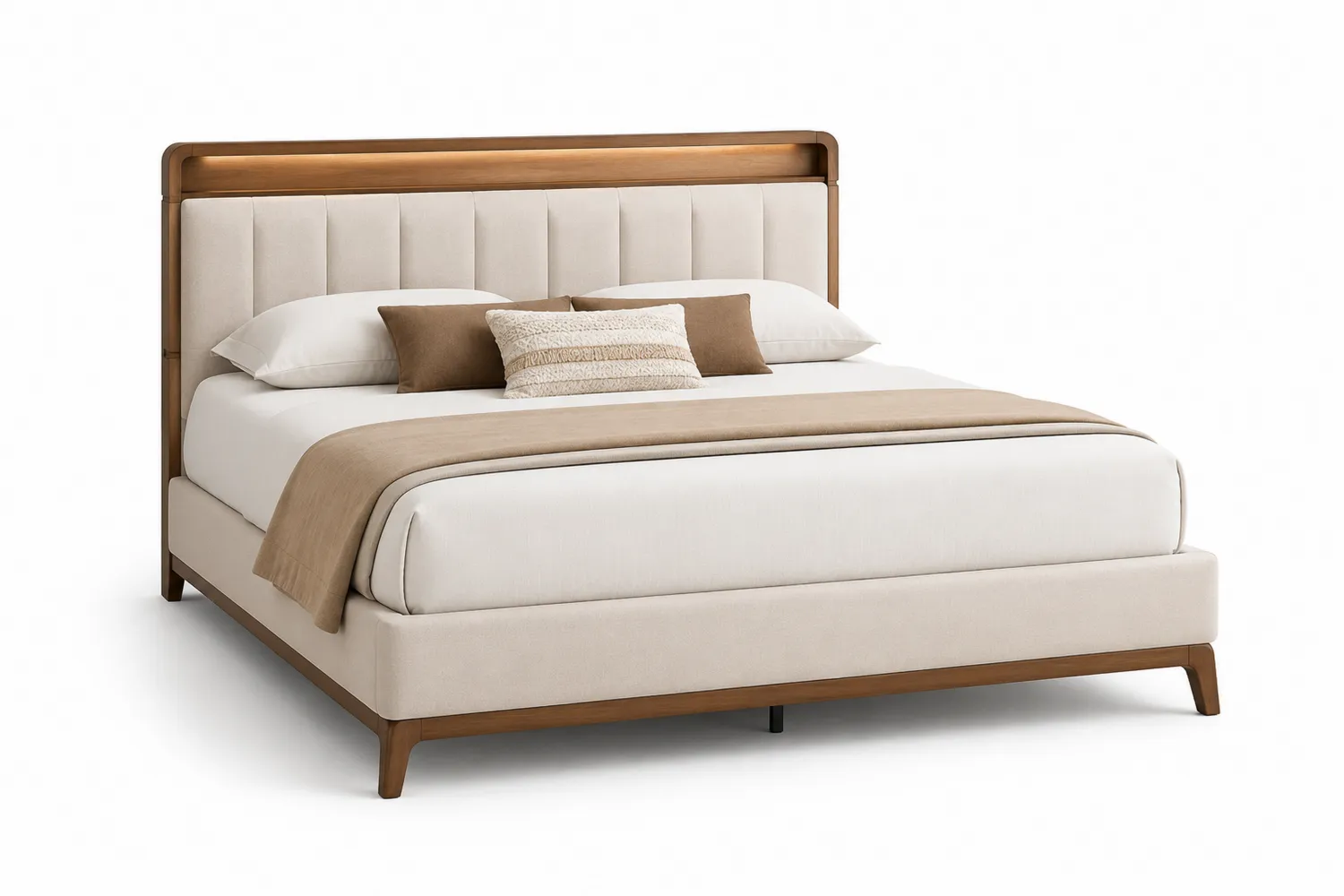 Holz-Doppelbett mit Stoffbezug 200x180 cm Beige