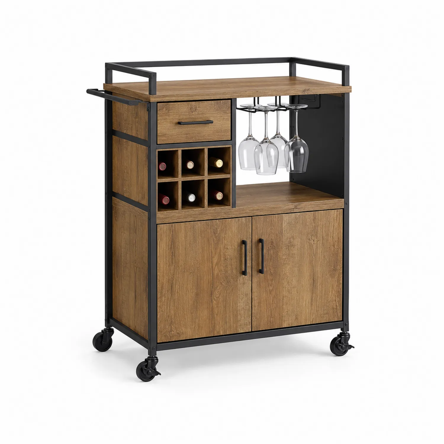 Barwagen aus MDF mit Eichenfurnier und Metallgestell