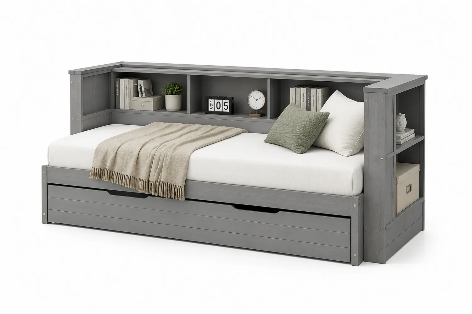 Grau Holz Daybed mit Regalen und Schublade