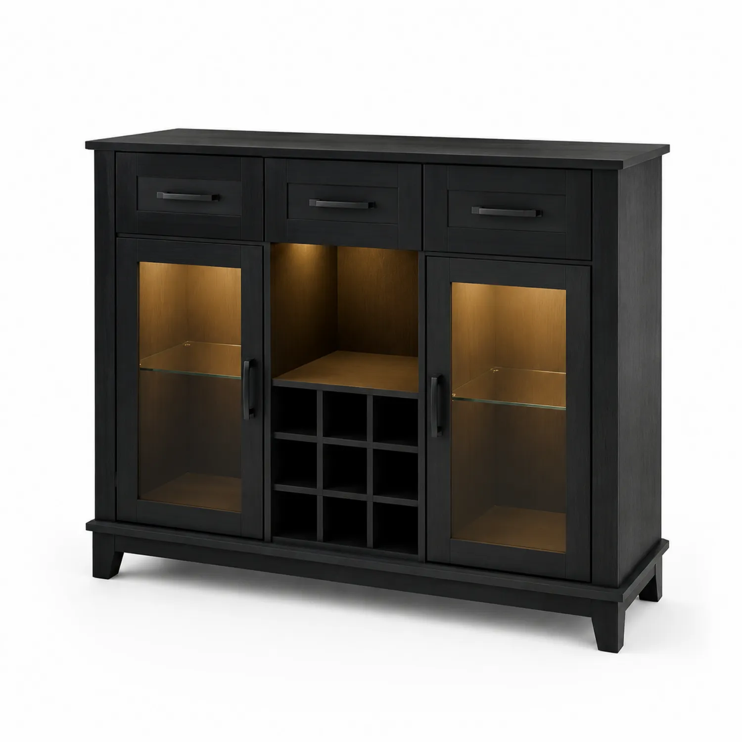 Schwarzer Holzschrank mit Glastüren und Weinregal 120x40x90 cm