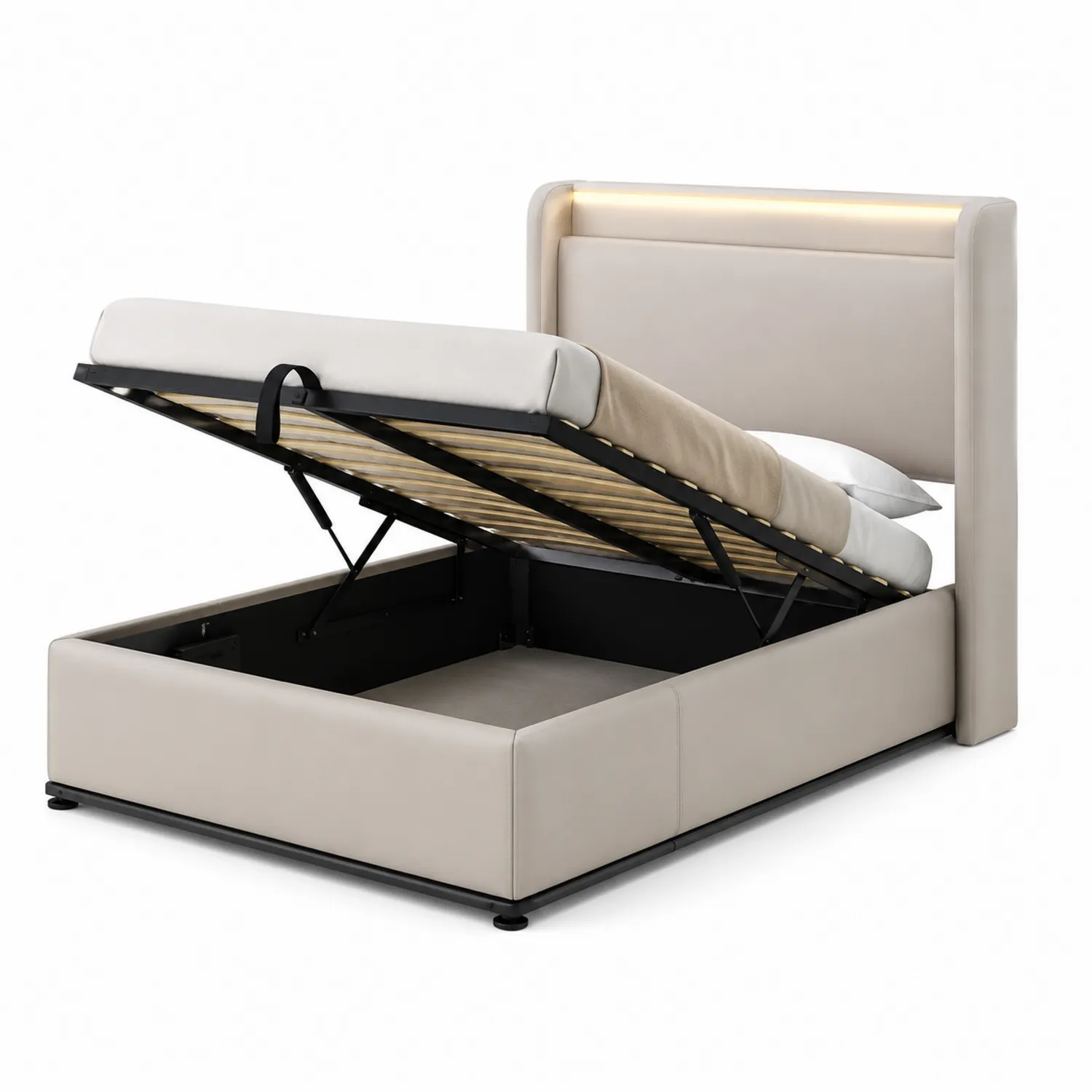 Metall-PU-Leder Stauraumbett Beige 160x200 cm