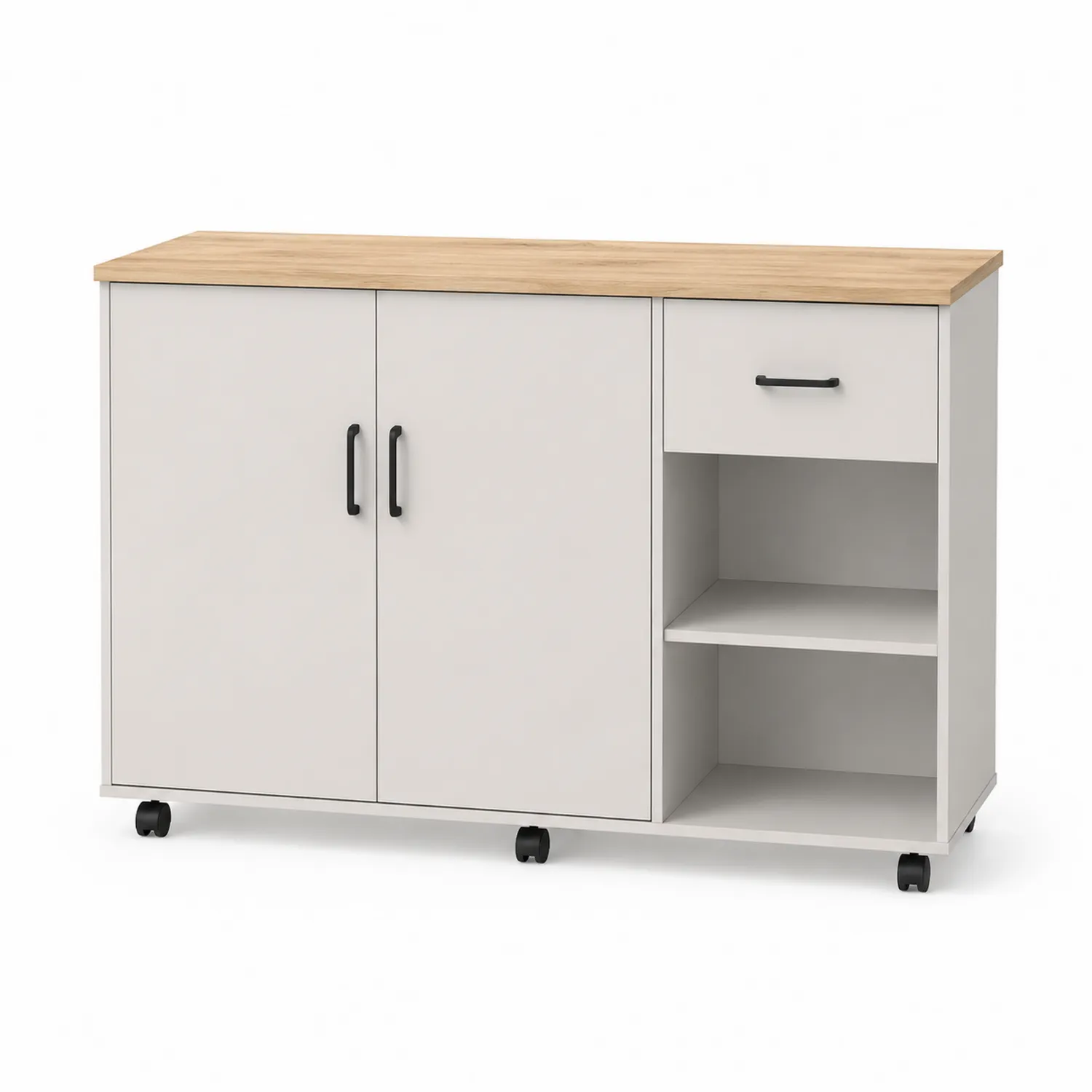 Küchenwagen aus MDF mit zwei Türen und einer Schublade, Holzoberfläche